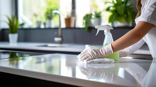 Wiping a kitchen counter with eco-friendly cleaner